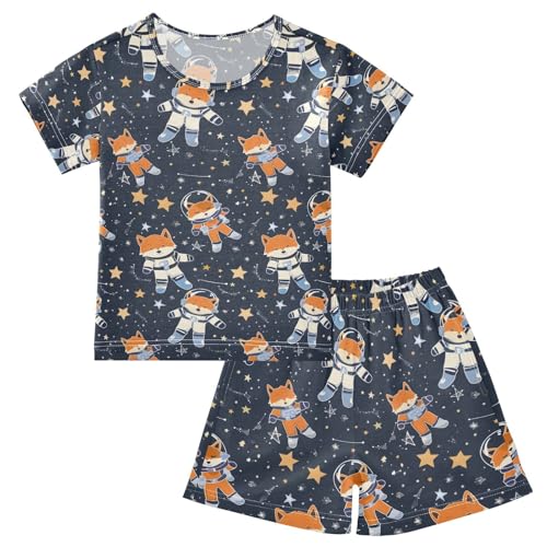 ALAZA Astronaut Fox Star Black Pajamas Set Short Sleeve Cotton Sleepwear Summer Pjs 2 Piece 5-14Y