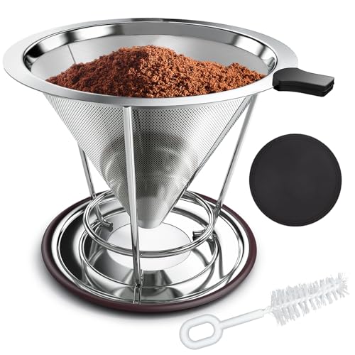 CMBPNNGS Pour Over Coffee Dripper,Stainless Steel Coffee Filter, Easy-to-Clean Paperless Reusable Cone Coffee Dripper for 1-2 Cups, Pour Over Coffee Maker with Stand,Non-Slip Mat and Cleaning Brush