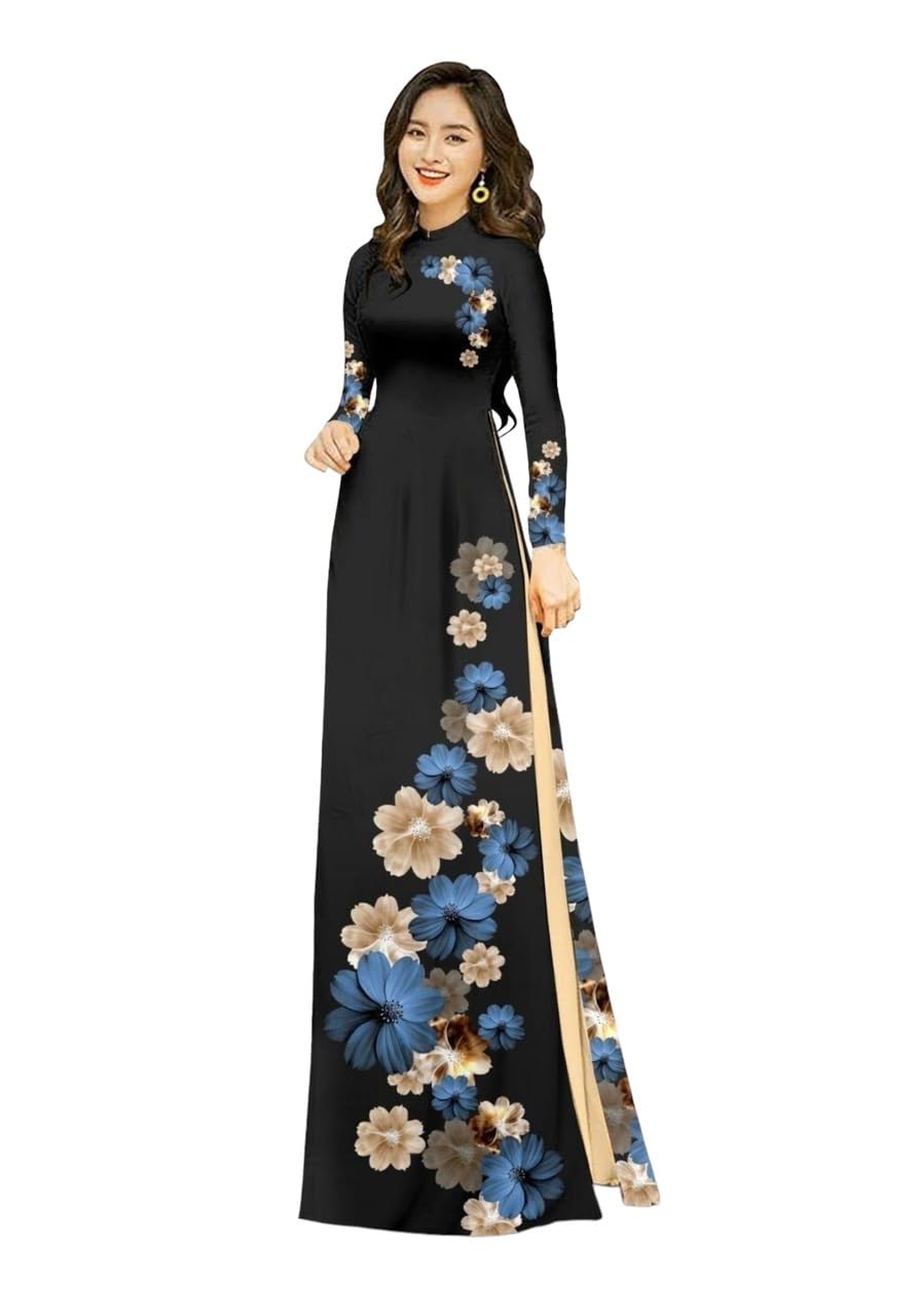 HandmadeH15 The daisy flowers Ao dai Vietnam Vietnamese Traditional Ao Dai For Women, Vietnamese Dress For Women, Ao Dai Dress For Women ao dai Tet Lunar New Year (M, Blue)