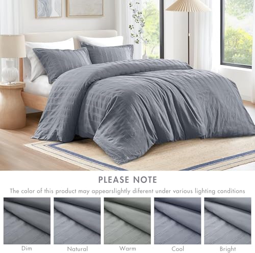 Image of Madison Park Essentials Striped Duvet Cover Set King, Modern Minimalist Bedding Set with Premium Jacquard Stripe, 3 Pieces Duvet Cover Reversible with Zipper Closure & Corner Ties,Blue /Grey