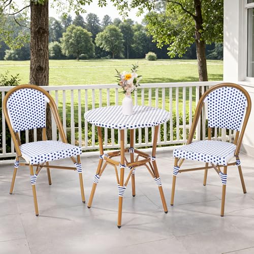 3 Piece French Wicker Bistro Set, Patio Bistro Set with Table and 2 Dining Chairs, All Weather ‎Outdoor ‎Bistro Set with Aluminum Frame, Outdoor Patio Set for Patio Porch Cafes Yard, Navy and White