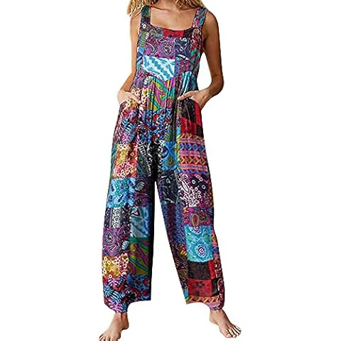 Acrawnni Women's Dungarees Vintage Floral Printed Loose Casual Baggy Sleeveless Overall Long Jumpsuit Playsuit Trousers Pants Romper Cover