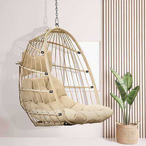 Radiata Outdoor Indoor Patio Wicker Hanging Chair Swing Hammock Egg Chairs Uv Resistant Cushions 350Lbs Capaticy For Patio Bedroom Balcony (Beige Without Stand) #TOP6