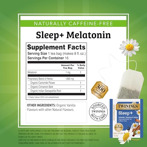 Image of Twinings Superblends Sleep+ Herbal Tea with 1mg Melatonin Camomile, Cinnamon & Vanilla, Naturally Caffeine-Free, Enjoy Hot or Iced, 16 Tea Bags (Pack of 2)