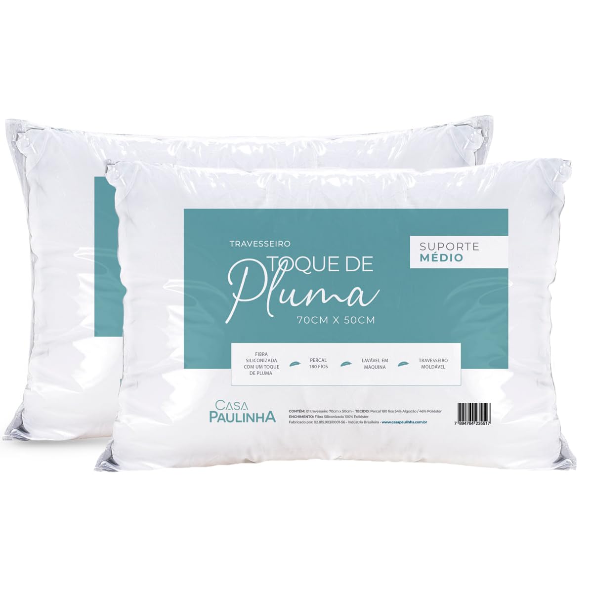 Kit 02 Travesseiros 50x70cm Toque de Pluma pena Percal 180 Fios Lavável, Antiácaro e