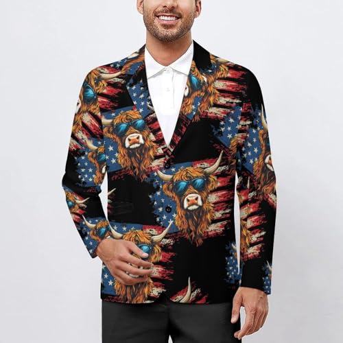 Highland Cow Wearing Glasses U.S. Flag Casual Men's Blazers Two Button Lapel Suits Jacket Lightweight Sport Coats2
