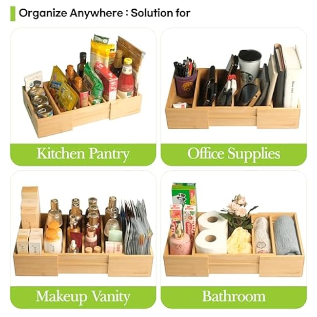 Expandable Kitchen Cabinet Organizer for Food Storage Container Lids, Bamboo Drawer Caddy Adjustable Dividers, Box for Kitchen Storage and Organization, Lids Organizer for Cabinet (Natural)