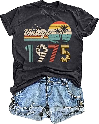 50th Birthday Gift for Women Vintage 1975 T Shirts Retro Graphic Birthday Shirt Casual Letter Print Short Sleeve Tee Tops