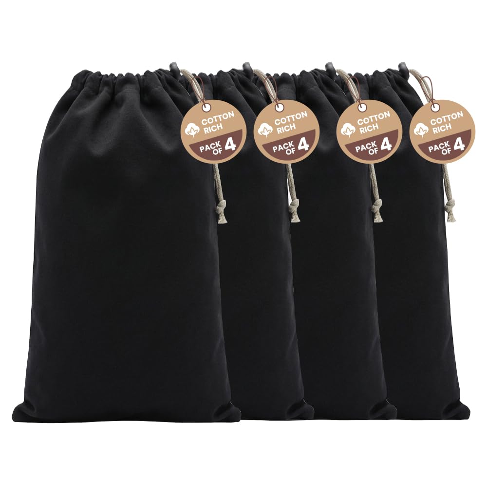 LFH Cotton Rich Shoe Storage Bags with Drawstring, Dustproof Breathable Reusable Organizer, Perfect For Travel, Dorm, Hotel, College, Gym, Machine Washable 8"x17" (Pack of 4) - Black sand