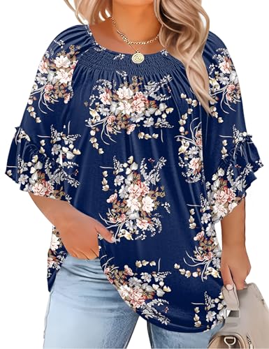 Micoson Women's Plus-Size Fashion 2025 Trendy Womens 3/4 Sleeve Tops and Blouses Ruffle Bell Sleeve Pleated Dressy Casual Tops Navy Blue Floral