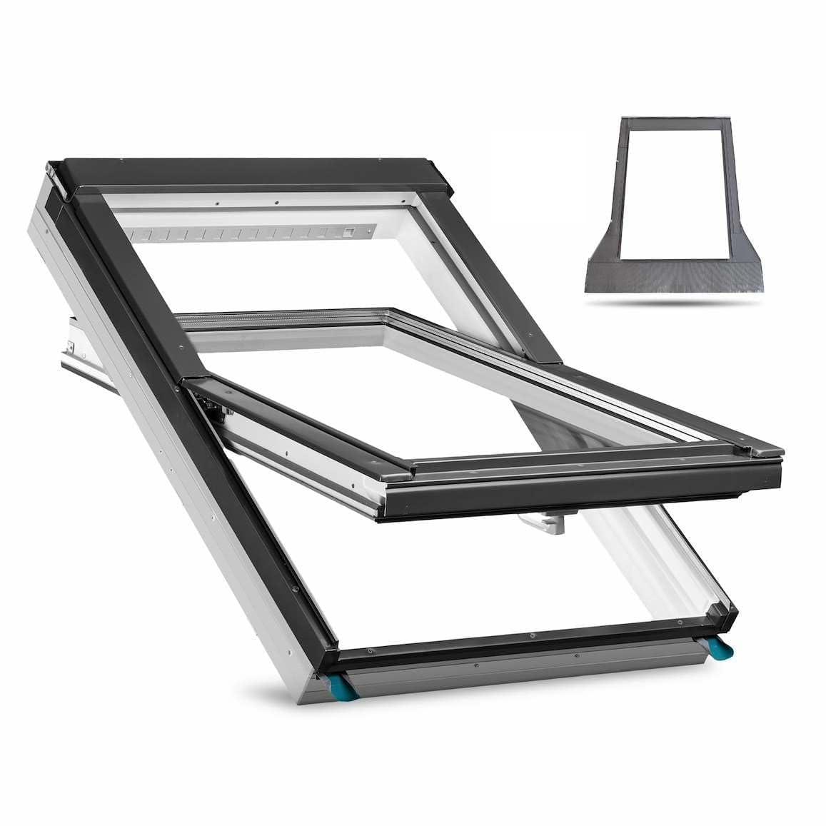 FAKRO Konzern - Finestra per lucernario in PVC, 78 x 118 cm | Finestra in PVC con triplo vetro e ventilatore regolabile | incl. telaio di copertura per tegole piane, coppi (fino a 45 mm) + telaio