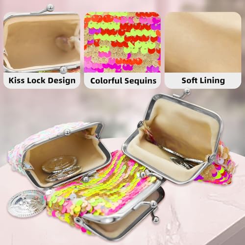 2 Packs Coin Purse, Sequin Coin Pouch Wallet Pouch with Kiss Lock, Portable Change Purse for Girls and Women, Coin Purse Pouch for Change, Mini Lipstick, Key (style 1)3