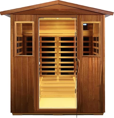 Image of LTCCDSS Ultra-Low EMF Outdoor Sauna 4 Person, Mahogany Far Infrared Sauna for Home EMF Average 0.5 mG, Chromotherapy, Bluetooth Speaker (68.1 * 52.4 * 82.7 inch)