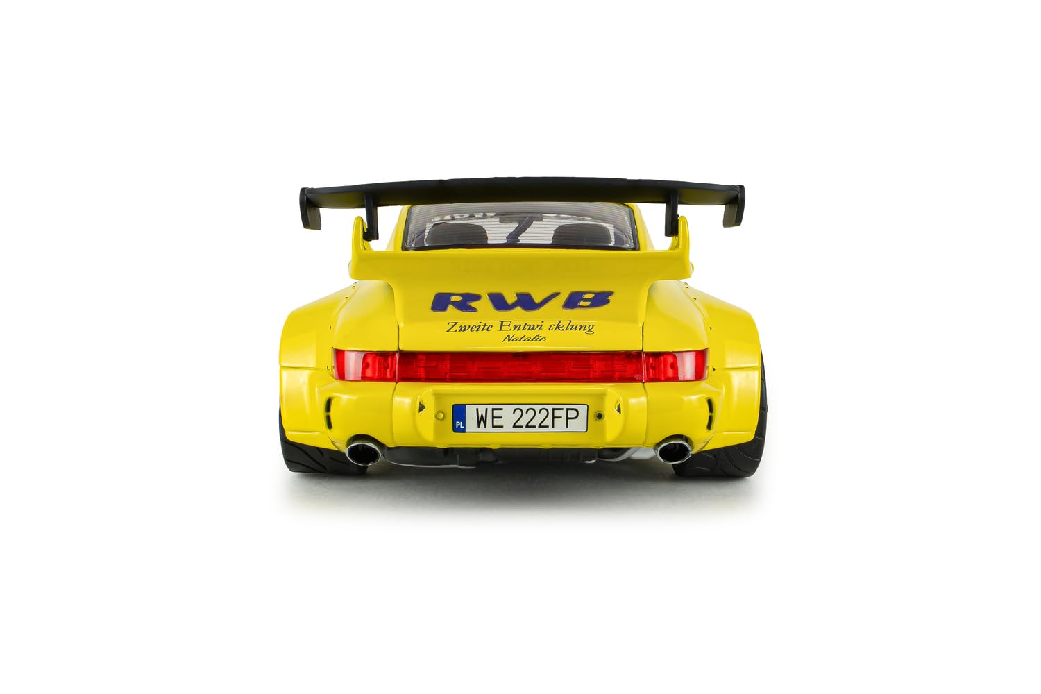 Solido RWB Natalie 2023 1:18 Gelb | Detailgetreues Diecast Modellauto, Widebody-Sportwagen mit Heckflügel, weißen Felgen, Sammlerfahrzeug für Tuning-Fans