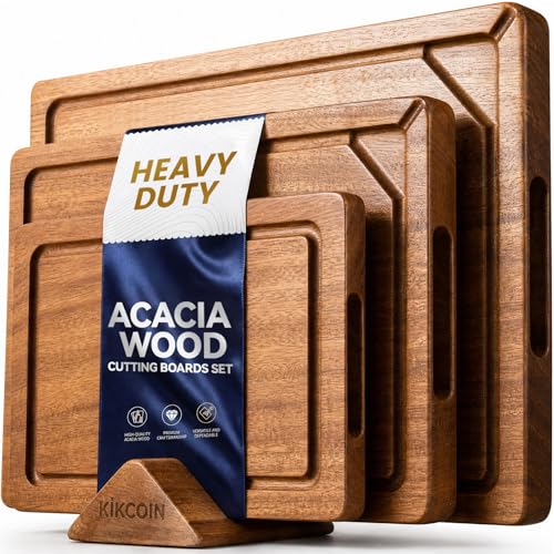 Acacia Wood Cutting Boards for Kitchen, Kikcoin 3 PCS Wooden Cutting Board Set with Holder, Chopping Board with Compartments and Juice Groove, Solid Charcuterie Boards Serving Tray Wood Butcher Block