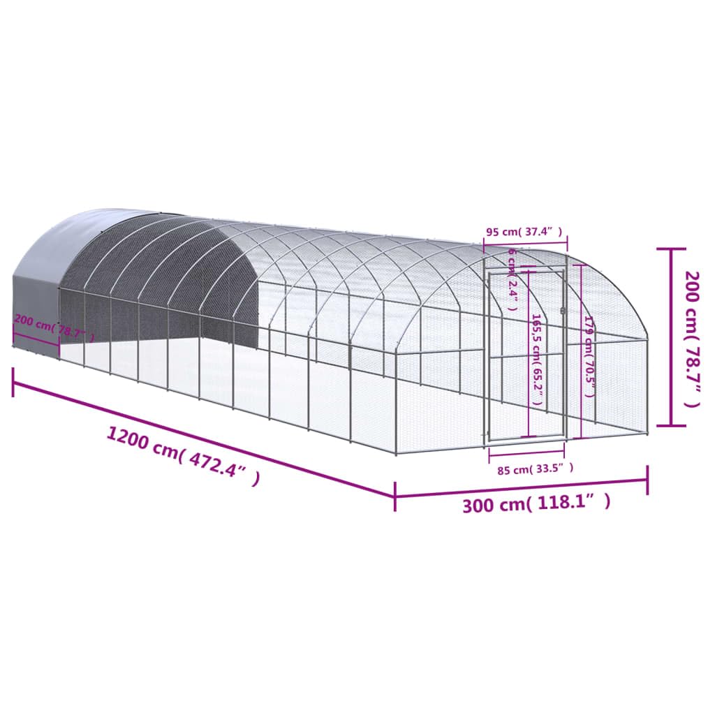 Pollaio per esterni in acciaio zincato con tetto resistente all'acqua, 3 x 12 x 2 m, gabbia per polli, piccoli animali, conigli, porcellini d'India, recinto da giardino