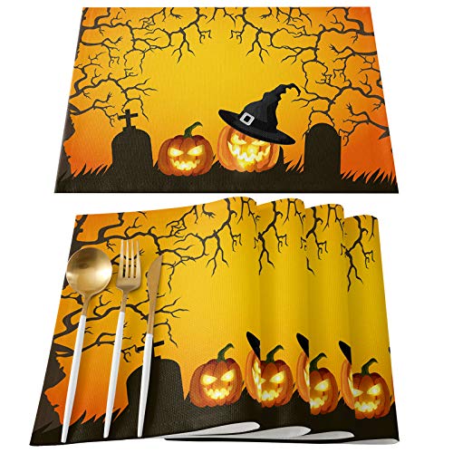 Placemats Set of 4 Washable,Halloween Pumpkin Ghost Placemat for Dining