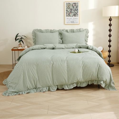 Silnuo Sage Green/White Plaid Ruffle Duvet Cover Queen Size,100% Washed Cotton 3 Pcs Vintage Checkered Chic Gingham Farmhouse Bedding Set Comforter Cover Set