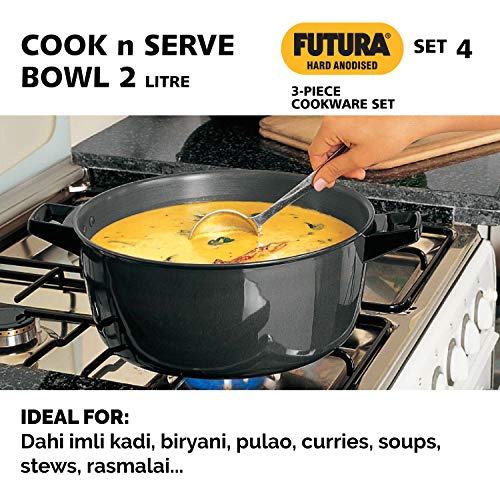 Hawkins Futura 3 Pieces Cookware Set 4 - Hard Anodised Tava, Kadhai, Cook-n-Serve Bowl with One Hard Anodised Lid, Black (ASET4)