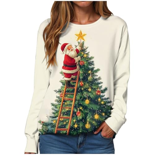 Weihnachtspullover Damen Sweatshirt Rundhals Langarm Weihnachten Pullover Casual Christmas Elch Print Sweat Oberteile Merry Christmas Weihnachtspulli Teenager Mädchen Pulli...