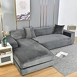 Fundas Sofas Cheslonge Ajustables Terciopelo,Funda Sofa Forma L,Funda de Sofa Chaise Longue con Brazo Largo Derecho Izquierda,1/2/3/4 plazas Funda para Sofa Antiarañazos ,GrayB-2seats:145-185cm