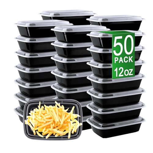 APSIC Meal Prep Containers, 50 Pack 12oz (100-Piece) Disposable Take Out Food Storage Containers with Leakproof Lids, Reusable Plastic To Go Lunch Boxes, BPA Free, Microwave/Dishwasher/Freezer Safe
