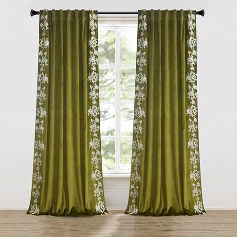 Roslynwood Luxury Velvet Olive Green Curtains Back Tab 84 Inches Long, White Flower Embroidered Olive Curtains Farmhouse Country Panels, Window Drapes for Living Bedroom, 52W x 84L Inch, 2 Panels Cover