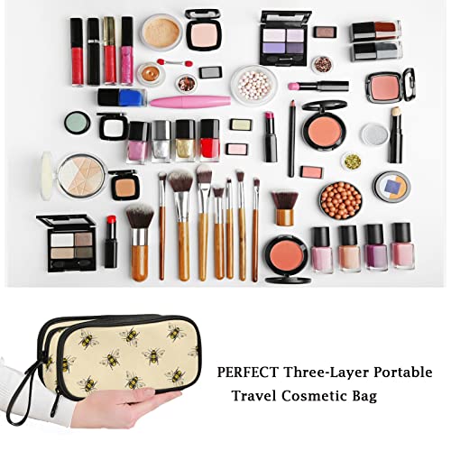 Image of Fustylead Rural Honeybee Retro Floral Large Pencil Pen Case Stationery Bag, 3 Compartments School College Office Desk Organizer Storage Pouch Marker for Teen Boys Girls Students-Beige