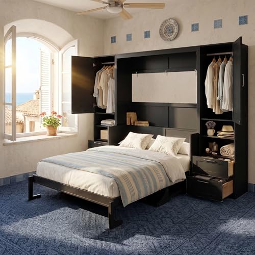 Image of Merax Queen Size Murphy Bed with Desk, Multifunctional Foldable Wall Bed with Closet, Drawers and Shelves, Space-Saving Wood Bed Frame for Small Space Studio Study Office Guest Room, Black(Oak Veneer)
