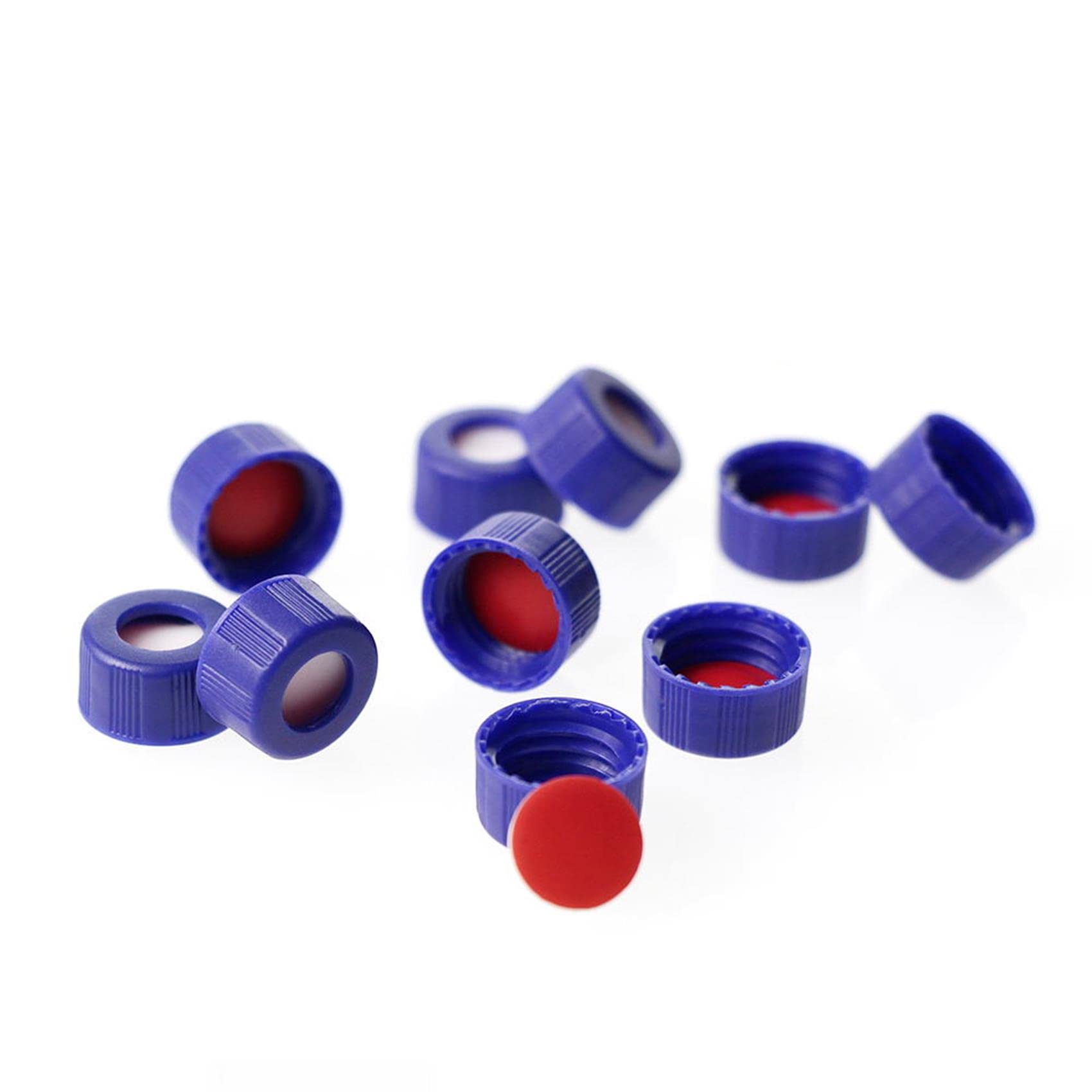 Autosampler Vial Caps, 9-425 HPLC 9mm Blue Screw Thread Vial Cap with Red PTFE/White Silicone Liner, PK of 100