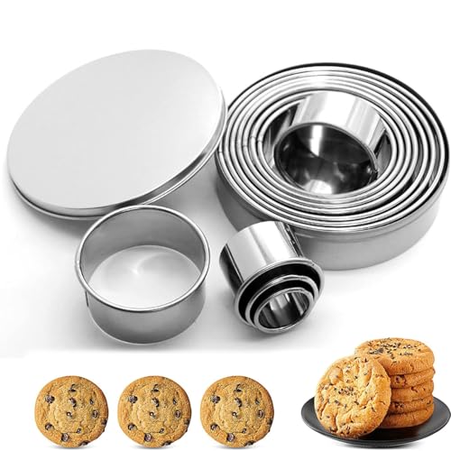 STOAT®Juego de 11 piezas de moldes redondos para galletas, cortador de galletas redondo de acero inoxidable, cortador de galletas redondo con anillo para alimentos con estuche de almacenamiento.