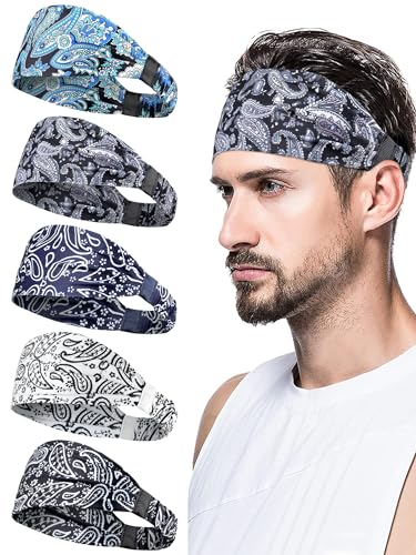 Image of AWUMBUK Sports Headbands for Men, Sweat Bands Headbands Men Absorbent Head Band Stretchy Sweatbands 5 Pack Hair Band Workout Football Running Cycling Fitness (Dark Blue)