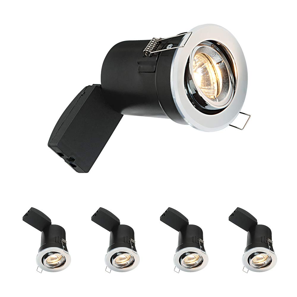 National Lighting Fire Rated Downlights, Chrome Adjustable Ceiling Lights, GU10 Halogen or LED, Dimmable Recessed Spotlights IP20 Rated - Pack of 4