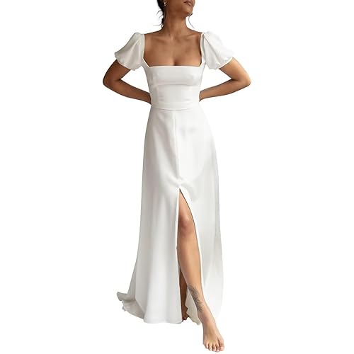 Puffy Short Sleeve Wedding Dresses for Bride Square Neck Bridesmaid Dresses with Slit Formal Prom Evening Gown