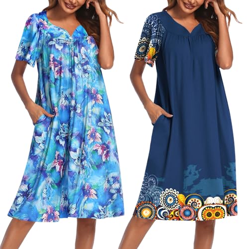 Image of Ekouaer 2 Pack House Dresses for Women with Pockets Short Sleeve Moo Moos Floral Print Mumu Dresses