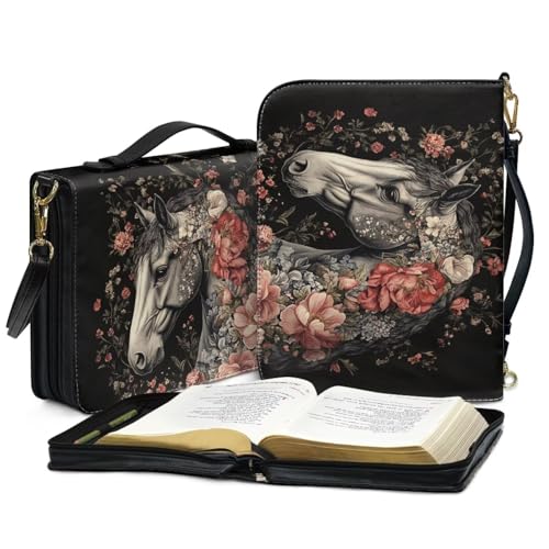 Floral Horse Bible Cover Case for Girls PU Leather Bible Bag Journal Case with Handle Shoulder Strap Medium Size Crossbody Messenger Bags for Daily Use3