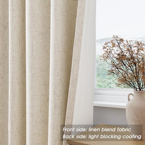 Image of Nanspring Beige 100% Blackout Linen Curtains 54 Inch Length for Bedroom Back Tab Thermal Insulated Country Farmhouse Decor Black Out Curtain for Living Room Dining Room Neutral Drapes 52x54, 2 Panels