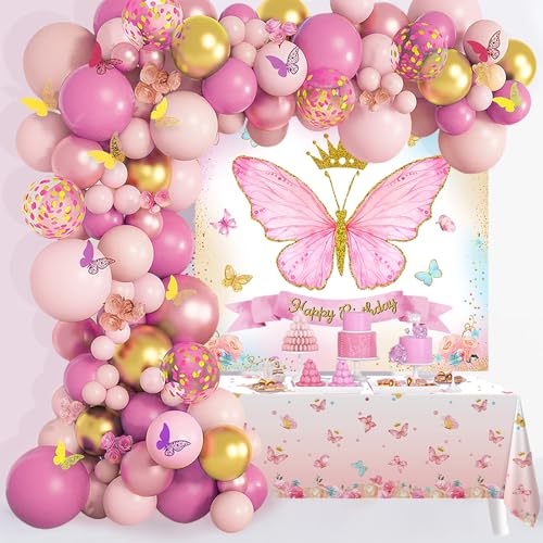 Kit Arco Palloncini Farfalla Rosa Oro, 101pcs Decorazione Compleanno Farfalla Ragazza con Ghirlanda Palloncini Oro Rosa Adesivo Sfondo Tovaglia Farfalla per Festa Compleanno Farfalla Principessa