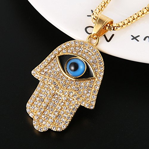 HZMAN 18k Gold Plated Iced Out CZ Stainless Steel Blue Evil Eye Beads Fatima Hamsa Hand Pendant Necklace3
