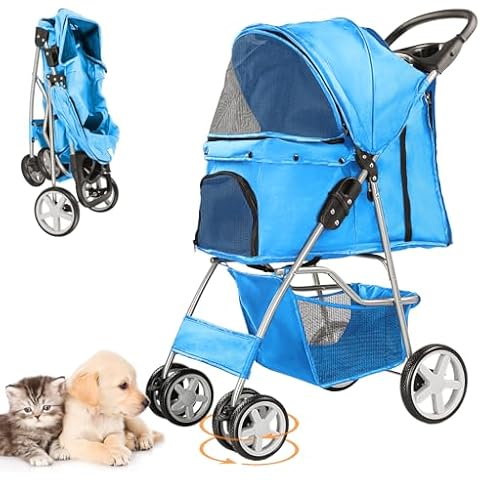 LPOTIUS Pet Stroller for Small Dogs and CatsQuick-Folding Portable Travel Cat Dog Stroller with Storage Basket and Cup Holder, 4 Wheels, Blue Cover