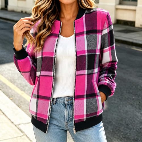Bomber Jacket for Women 2030 Lightweight Trendy Zip Up Plaid Flannel Coat - image 3