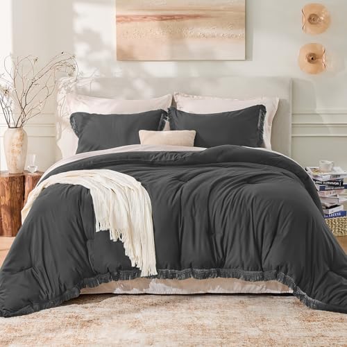 Image of Andency Comforter King Size Bed Set Dark Grey, 3 Pieces Boho Lightweight Winter Bedding Comforters & Sets, All Season Soft Tassel Bed Set (104x90In Comforter & 2 Pillowcases)