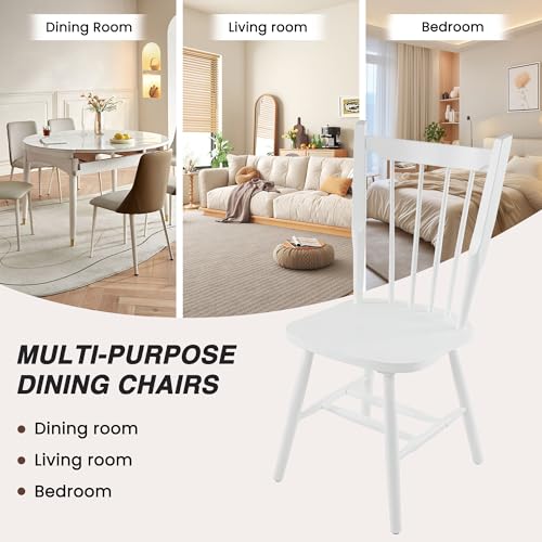 Image of HNY White Windsor Dining Chairs Set of 2, Farmhouse Wooden Kitchen Chairs with Spindle Back, Mid Century Modern Armless Kitchen Side Chair for Dining Living Room Restaurant