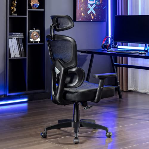 VECELO Swivel Ergonomic High Back Mesh Office Chair with Adjustable Headrest Armrest, Backrest Tilt Function, Lumbar Support for Executive/Computer Desk/Task Work - Image 3