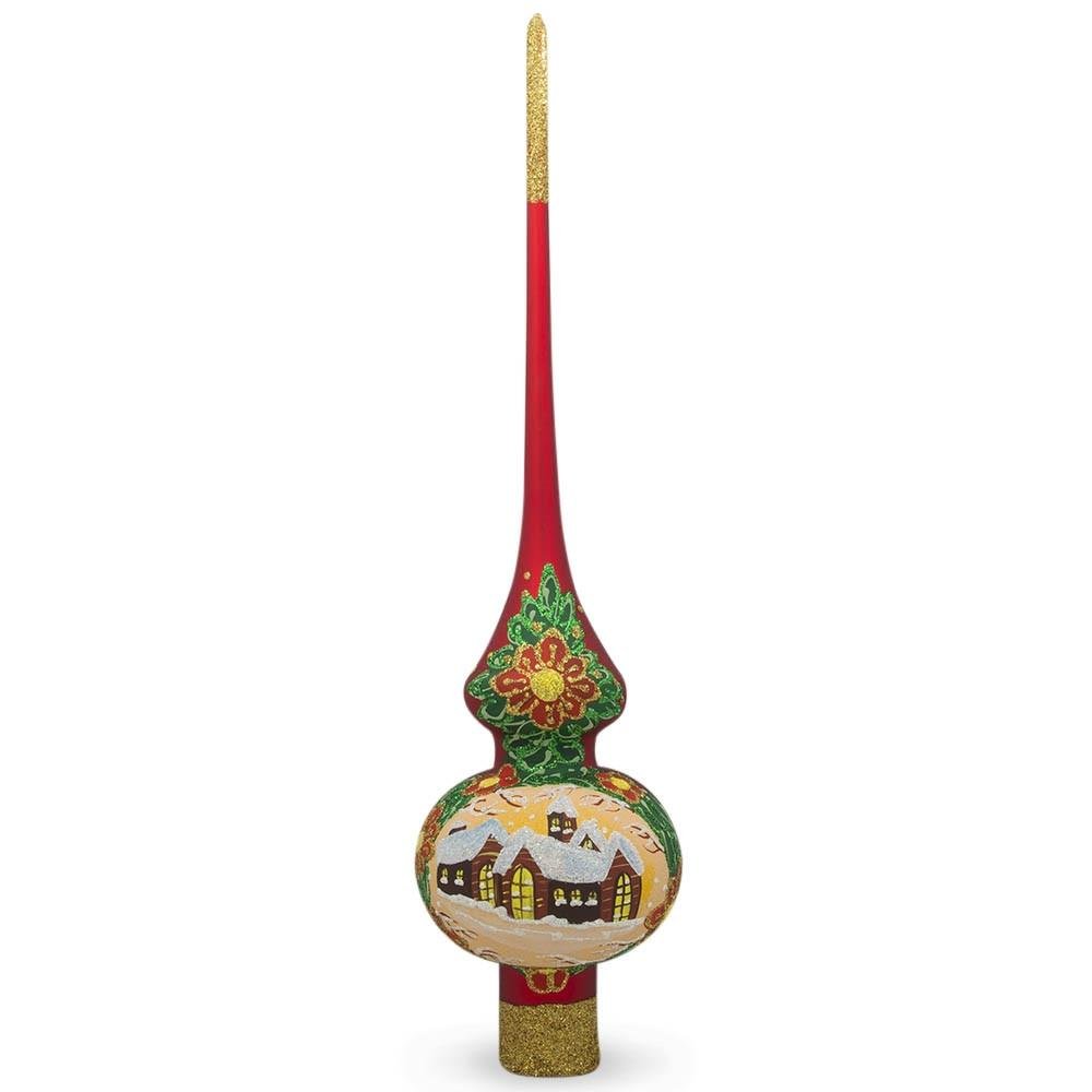 Snow Covered Winter Village on Red Mouth Blown Glass Christmas Tree Topper 11 Inches