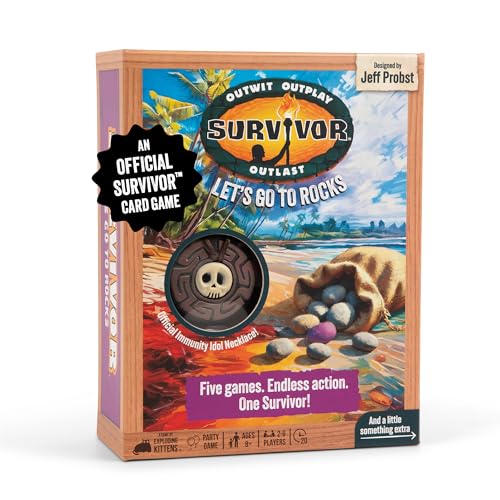 Image of Exploding Kittens Survivor: Let's Go to Rocks Game for Ages 8+, 2 to 6 Players, Strategy and Challenge Party Game with Rocks, Cards, and Immunity Necklace.