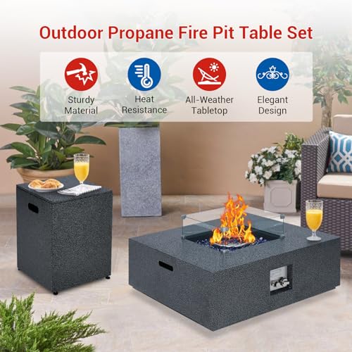 36 in Outdoor Propane Gas Fire Pit Table, 50000BTU Iron Gas Firepit Table w 16 in Tank Cover, Wind Guard, Removable Lid, Blue Fire Glass, Rain Cover, CSA Certified Firepit Set for Outside