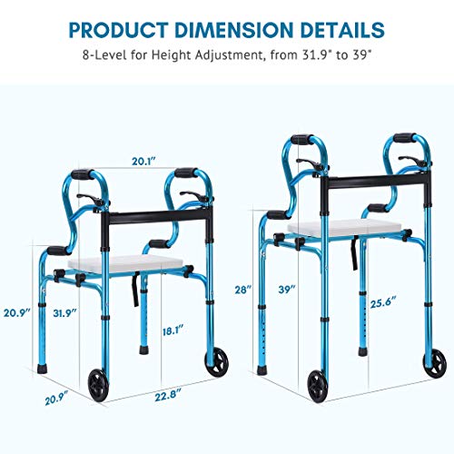 Health Line Massage Products 4 in 1 Stand-Assist Folding Walker with Detachable Seat, Trigger Release and 5" Wheels Supports up to 350 lbs, Compact Lightweight & Portable - w/Bonus Glides, Blue