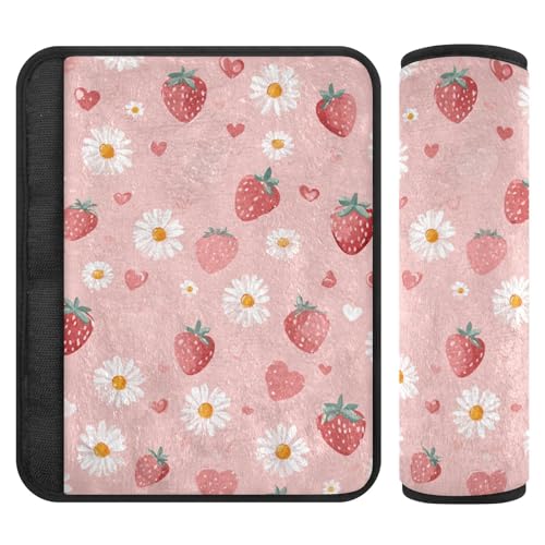 Image of 2 Pack Seatbelt Covers Seat Belt Cover Pad for Adults Boys Girls Car Seat Strap Covers Pads Cushion Universal Shoulder Strap Pad Protector for Backpack Camera Bag 10x7.7Inch Pink Floral Strawberry Hea