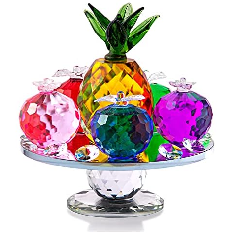QFkris Crystal Faceted Apples and Pineapple Figurines Collectibles, Glass Fruit Paperweight Ornament with Base for Home Table Decor Cover